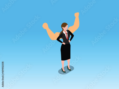  A strong businesswoman with muscular arms 3d isometric vector illustration