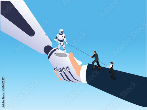 Business team helping robot get onto giant robotic hand 3d isometric vector illustration
