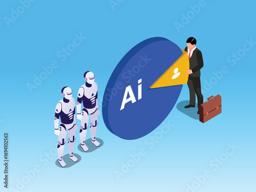 Businessman putting a human piece into an AI pie chart 3d isometric vector illustration