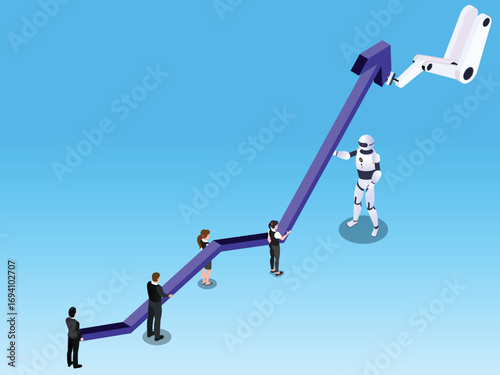 Business team and robot working together to lift a growing arrow 3d isometric vector illustration