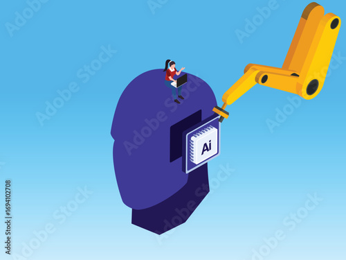 Woman working on a laptop on top of a giant head with an AI chip 3d isometric vector illustration
