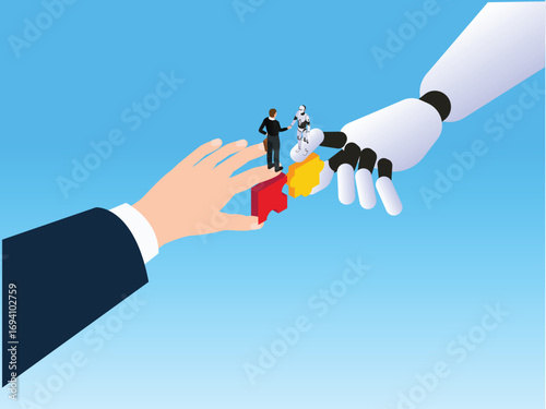 Businessman and robot shaking hands with a puzzle piece 3d isometric vector illustration