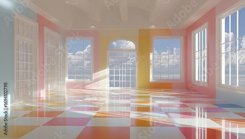 Pastel-colored interior room with large windows