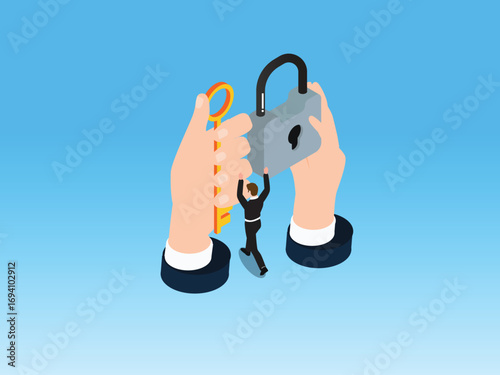 Businessman with a key trying to open a padlock 3d isometric vector illustration