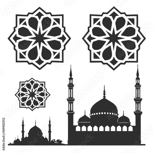 Islamic geometric patterns and mosque silhouettes tile