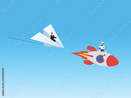 Businessman on a paper plane flying past a robot on a rocket 3d isometric vector illustration