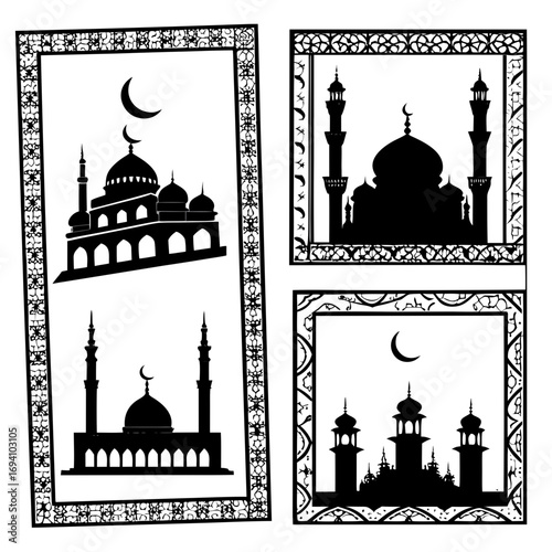 Islamic mosque and crescent moon silhouettes architecture