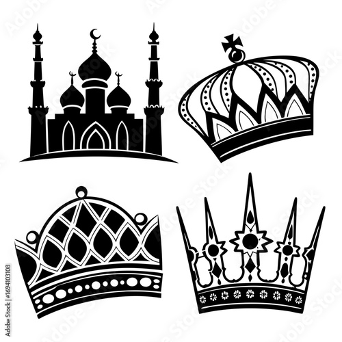 Islamic mosque and royal crowns crescent moon minarets