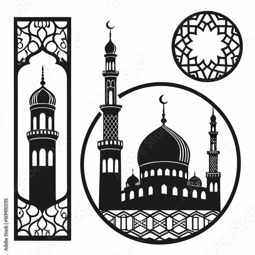 Islamic mosque and minaret silhouette designs dome