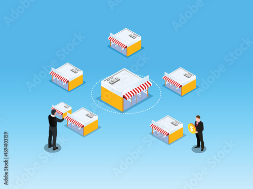 Businessman with a magnifying glass standing in the middle of five stores 3d isometric vector illustration