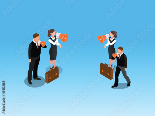 Two business teams having a negotiation with megaphones 3d isometric vector illustration