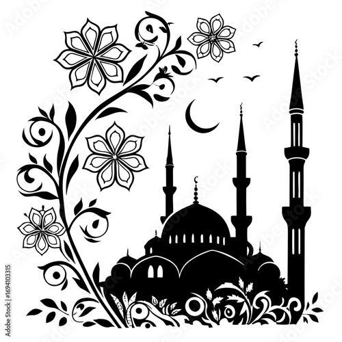Islamic mosque floral silhouette black and white