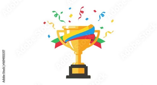 Golden winners trophy cup with a colorful ribbon and exploding confetti.