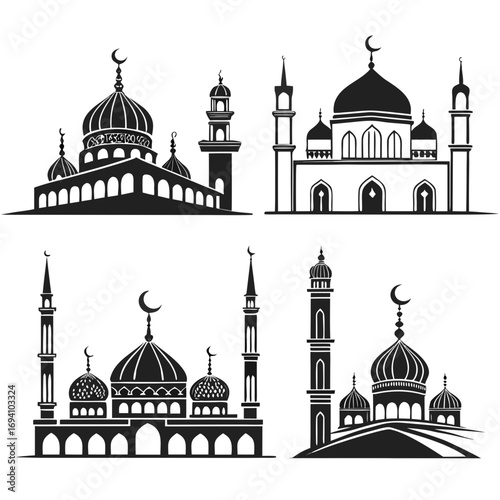 Islamic mosque domes and minarets silhouettes architecture