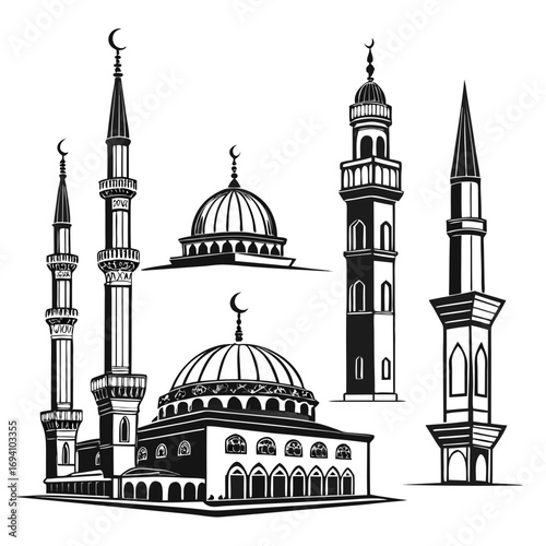 Islamic mosque minaret and dome silhouettes Islamic architecture