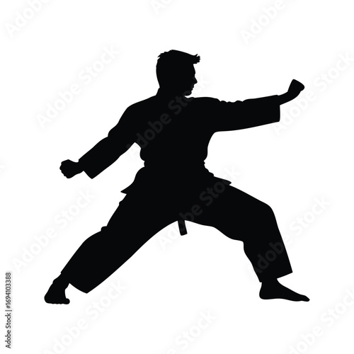 Silhouette of a karate practitioner in the midst of performing a kata, martial artist practicing kata silhouette vector illustration