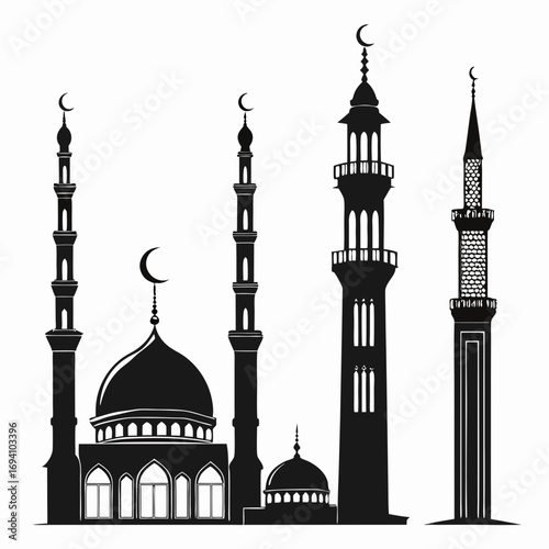 Islamic mosque minarets and domes silhouettes architecture