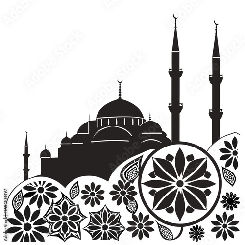 Islamic mosque silhouette floral pattern design vector