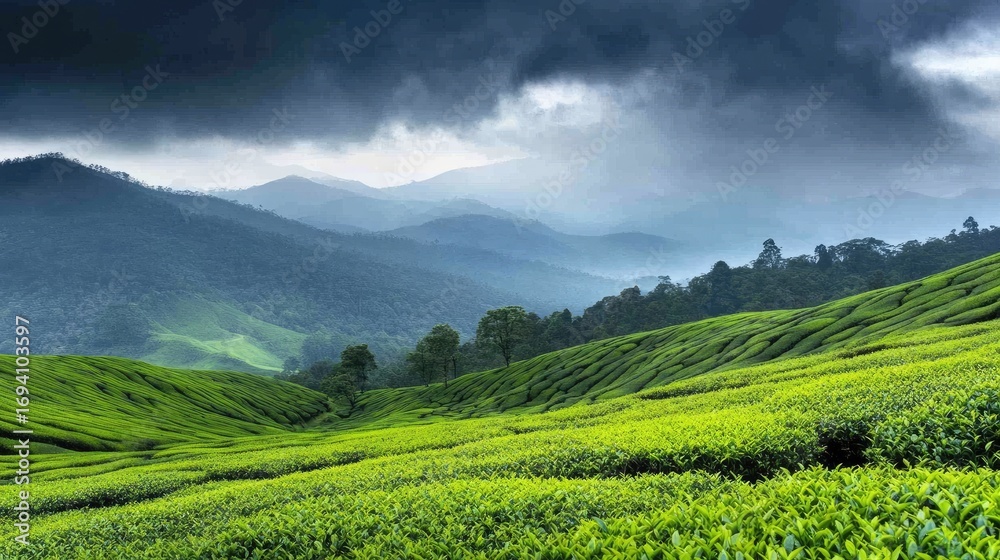 Fototapeta premium Golden sunlight casts a warm glow over lush green tea plantations nestled in the mountains, creating a breathtaking sunset landscape