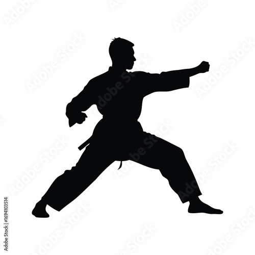 Silhouette of a Karate Practitioner in a Dynamic Punching Stance, Against White Backdrop, martial artist sparring silhouette vector illustration