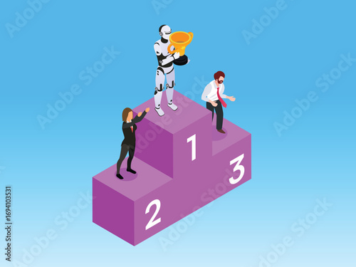 Podium competition between artificial intelligence and human 3d isometric vector illustration
