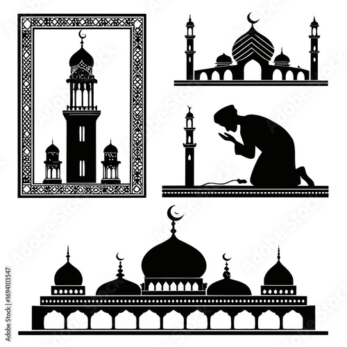 Islamic prayer scenes and mosque architecture minaret