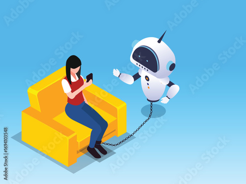 User addicted to phone with AI assistant 3d isometric vector illustration
