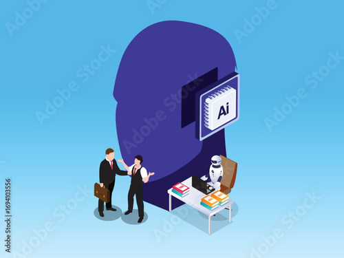 AI consultant helps business people 3d isometric vector illustration