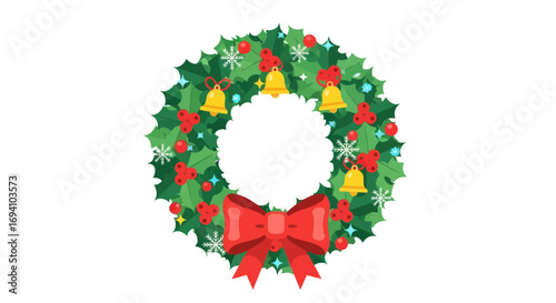 Festive Christmas Wreath with Holly, Bells, and Bow.