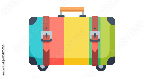A vibrant, multi-colored travel suitcase with wheels, a handle, and brown straps.
