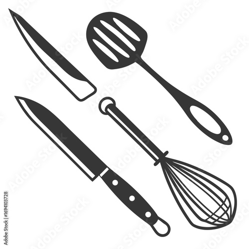 Kitchen tools silhouettes knife whisk spatula utensils