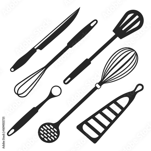 Kitchen utensil collection black silhouettes cooking utensils