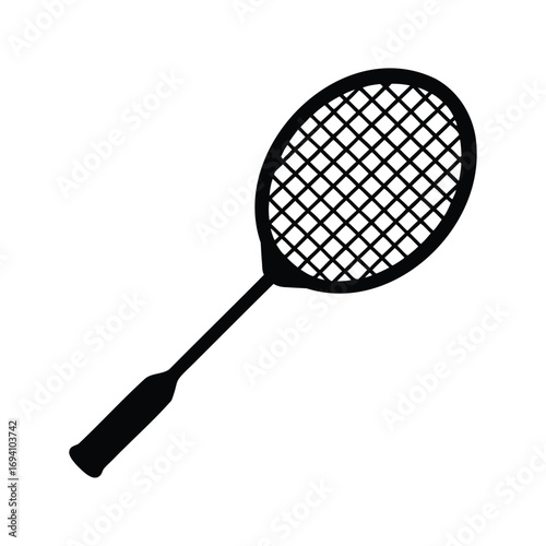 Minimalistic black and white illustration of a badminton racket on white background, badminton racket silhouette vector illustration