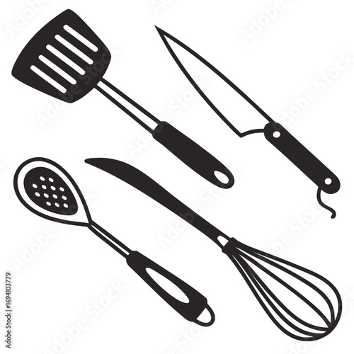 Kitchen utensils set black silhouette cooking tools