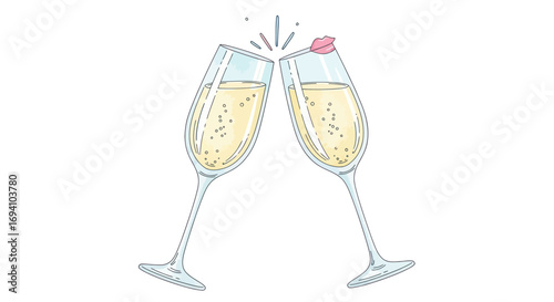 Two Champagne Glasses Toasting with Bubbles and a Pink Lipstick Mark.