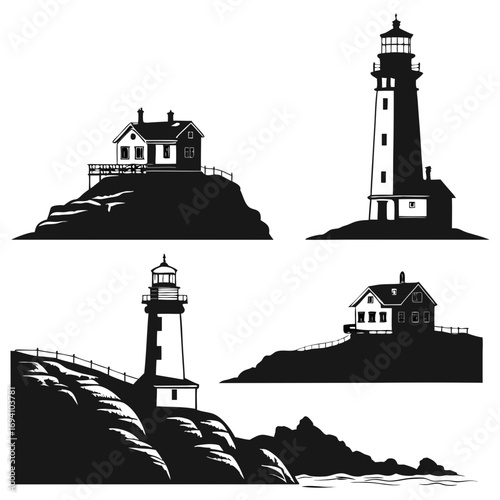 Lighthouse and coastal house silhouettes sea cliff