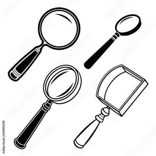 Magnifying glass and scoop silhouettes black and white