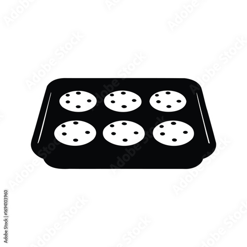 Six chocolate chip cookies baking in a muffin tin on white background, baking tray with cookies silhouette vector illustration