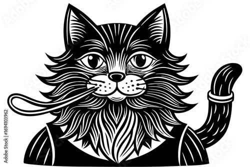 Illustration of a cat smoking pipe vector art black and white line drawing feline pet domestic animal design vector