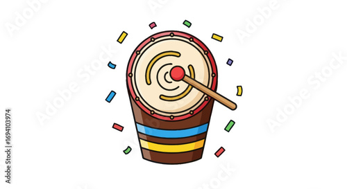 Colorful Cartoon Djembe Drum with Stick and Confetti.