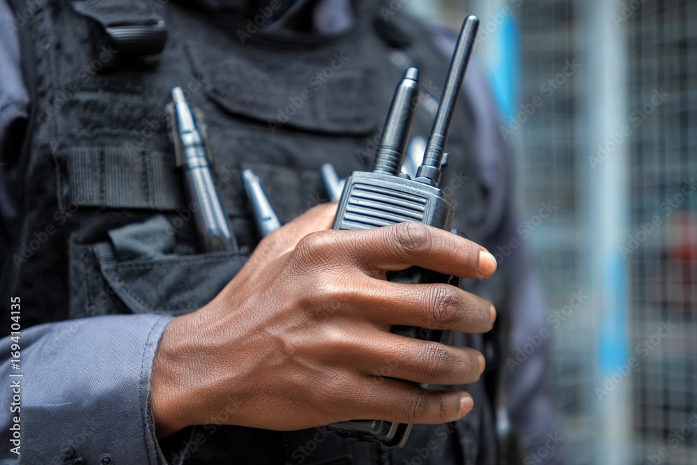 Obraz premium Security Officer Holding Portable Radio Communication Device