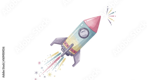 Colorful Watercolor Rocket Ship with Sparkling Trail.