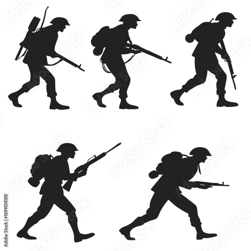 Marching soldiers with rifles and backpacks military