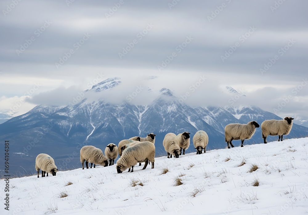 Naklejka premium Sheep grazing on snowy mountain slope