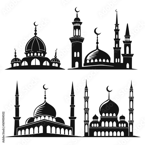 Mosque domes and minarets silhouettes Islamic architecture
