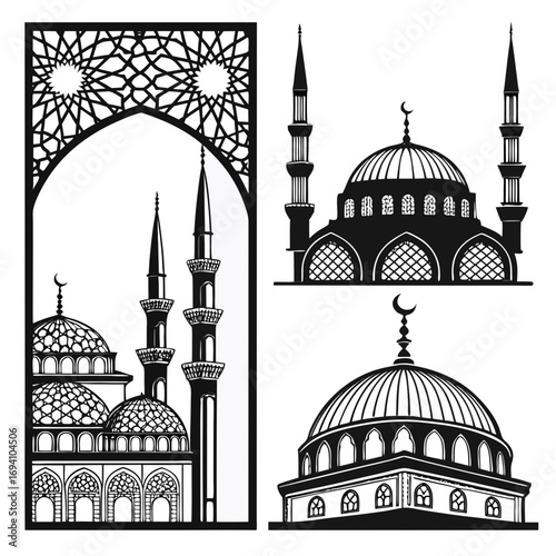 Mosque domes minarets arches geometric patterns vector