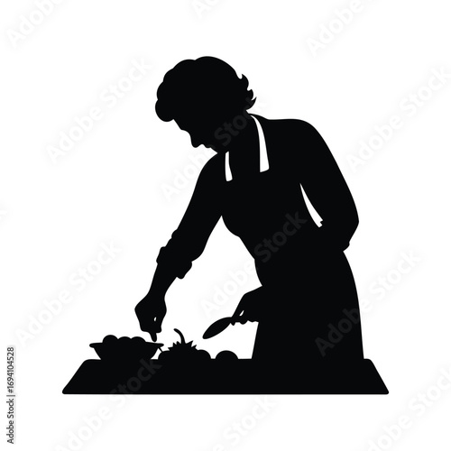 Silhouette of a woman preparing food with vegetables and a knife, chopping vegetables silhouette vector illustration
