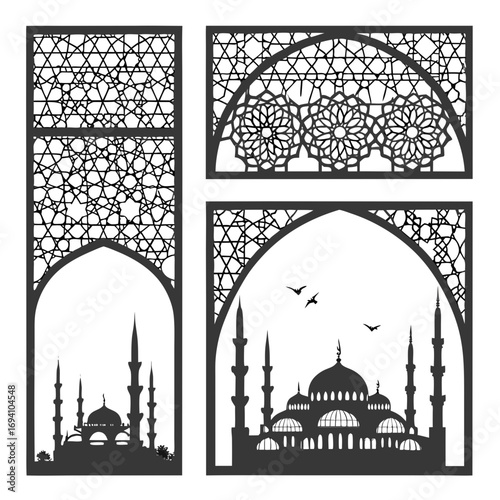 Mosque silhouette archway geometric patterns vector