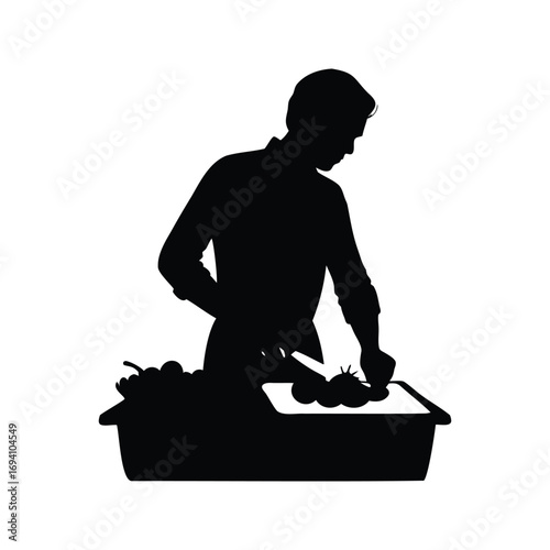 Silhouette of a person preparing fresh produce in a kitchen setting, chopping vegetables silhouette vector illustration