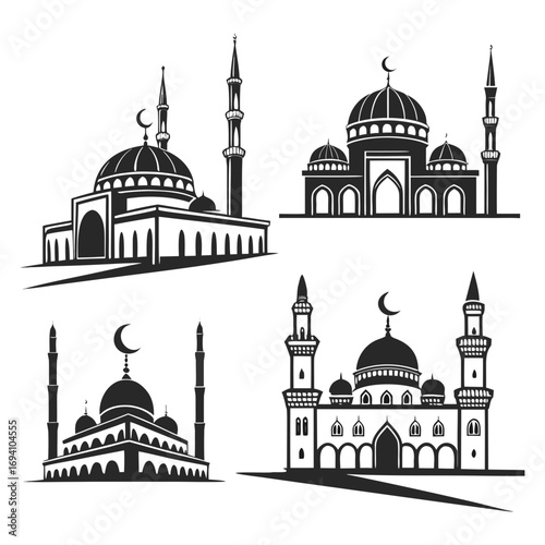 Mosque silhouettes domes minarets crescent moons vector
